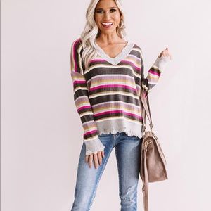 Impressions Striped Shift V-neck Sweater